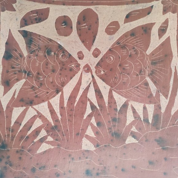 Terracotta Large Bowl Etched Carved Clay Angelfish VTG Decorative Plate 11" - Picture 4 of 12